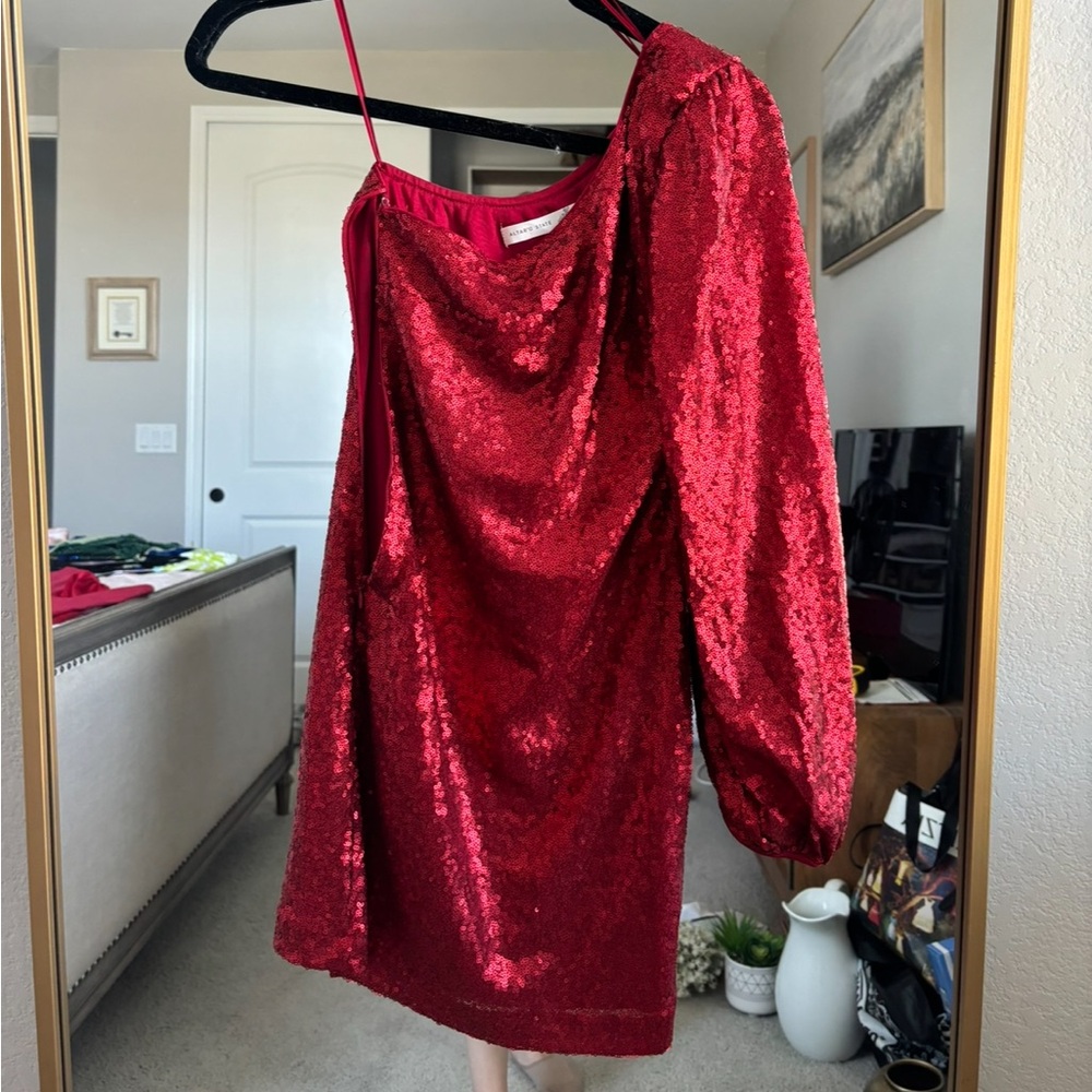 One shoulder, red sequin dress